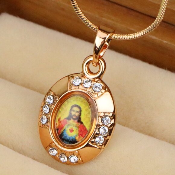 "Sacred Heart Rose Gold Pendant with Crystals – Religious Jewelry, XPPT1737 - Picture 1 of 13